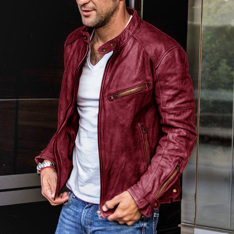 Herren Leder Motorradjacke mit Stehkragen & Reißverschluss – Ideal für Herbst & Winter