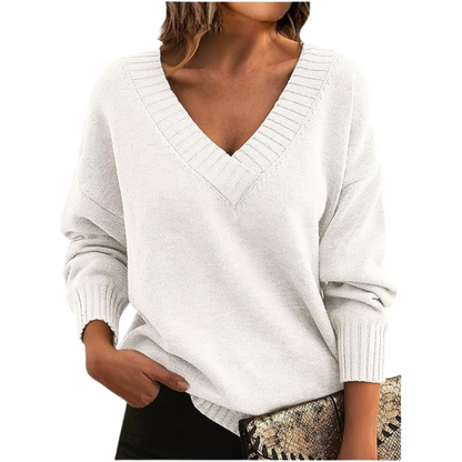 Damen Winterpullover mit V-Ausschnitt, einfarbig und langen Ärmeln
