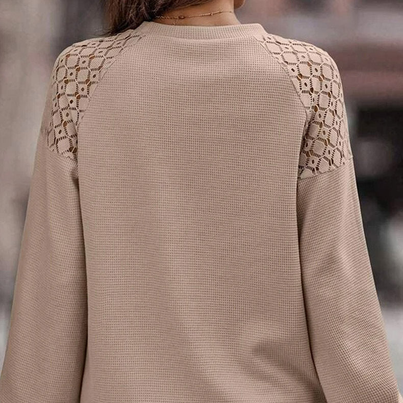 Damen Herbstpullover mit Spitzenbesatz, Langarm, regulärer Passform in Khaki