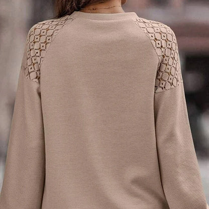 Damen Herbstpullover mit Spitzenbesatz, Langarm, regulärer Passform in Khaki