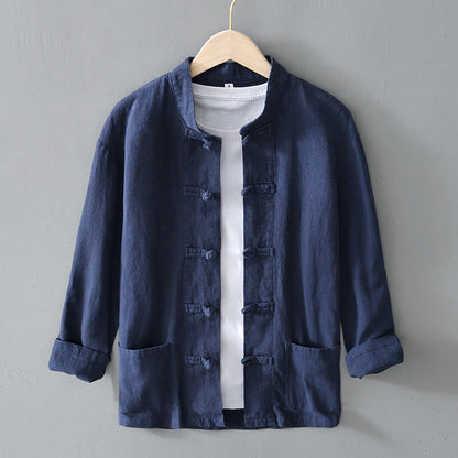 Herren Frühlingshemdjacke Mit Stehkragen Und Chinesischen Knöpfen
