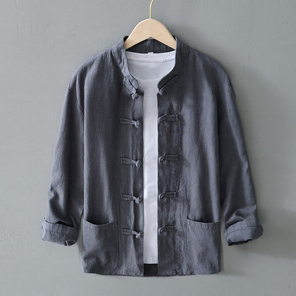 Herren Frühlingshemdjacke Mit Stehkragen Und Chinesischen Knöpfen