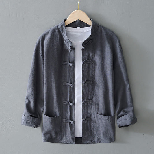 Herren Frühlingshemdjacke Mit Stehkragen Und Chinesischen Knöpfen