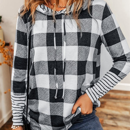Damen Frühlings-Kapuzenpullover mit Karomuster-Details, lockerer Passform und regulären Ärmeln