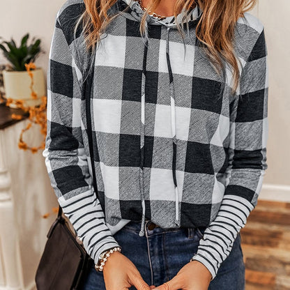 Damen Frühlings-Kapuzenpullover mit Karomuster-Details, lockerer Passform und regulären Ärmeln