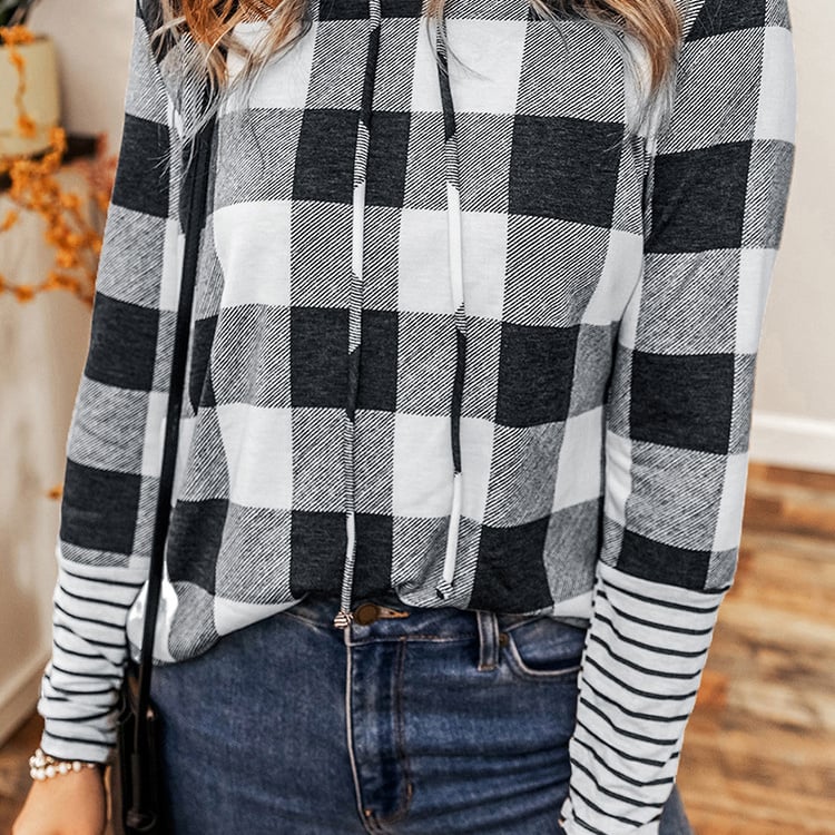 Damen Frühlings-Kapuzenpullover mit Karomuster-Details, lockerer Passform und regulären Ärmeln