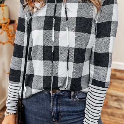 Damen Frühlings-Kapuzenpullover mit Karomuster-Details, lockerer Passform und regulären Ärmeln