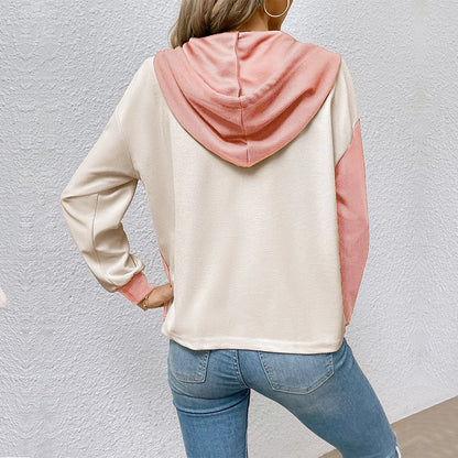 Damen Frühlings-Kapuzenpullover mit Langarm, Kontrastfarbe und lockerer Passform