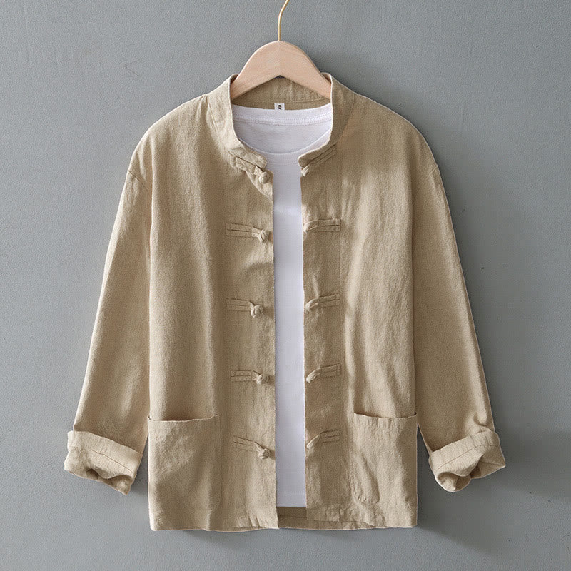 Herren Frühlingshemdjacke Mit Stehkragen Und Chinesischen Knöpfen