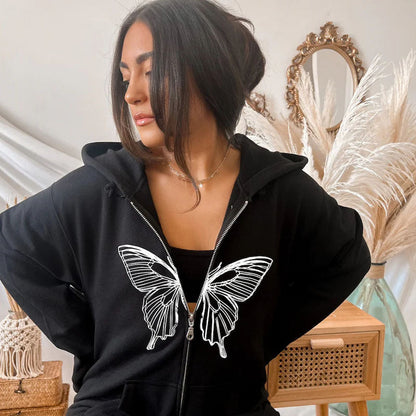 Damen Herbst-Hoodie mit Reißverschluss, lockerer Passform, Kapuze, langen Ärmeln und Fronttasche