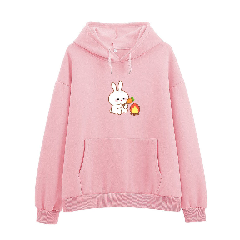 Rosa Kapuzenpullover mit niedlichem Hasen- und Karottenmotiv, Kängurutasche, lange Ärmel. Perfekt für Freizeitmode und Streetwear.