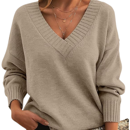 Damen Winterpullover mit V-Ausschnitt, einfarbig und langen Ärmeln