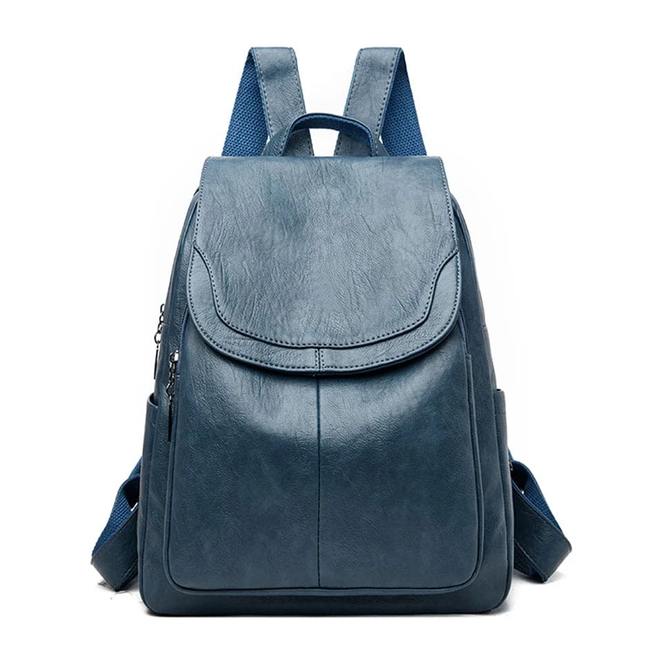 Dunkelblauer Damenrucksack aus Leder mit Reißverschluss, modisches Design, ideal für Reisen und Alltag, stilvoll und praktisch.
