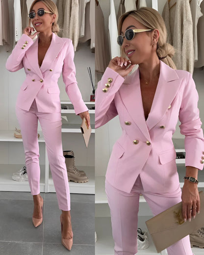 Damen Zweiteiliger Anzug mit Doppelreihigem Blazer und Gerade Geschnittenen Hosen