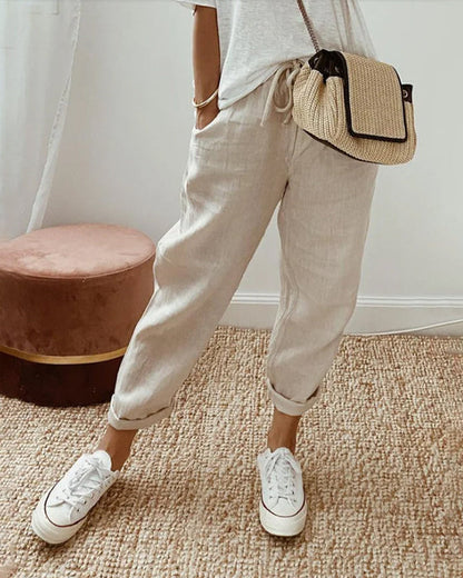 Herren Baumwoll-Leinenhose – Atmungsaktiv, Leicht, Einfarbig, Mid-Waist, Lange Hose mit Tasche – Ideal für Frühling, Sommer, Herbst