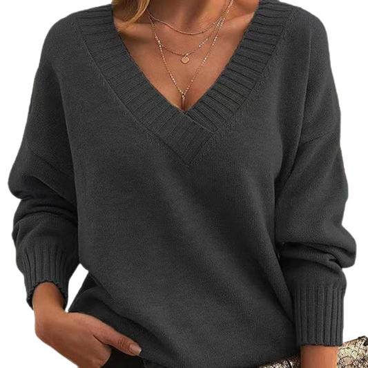Damen Winterpullover mit V-Ausschnitt, einfarbig und langen Ärmeln