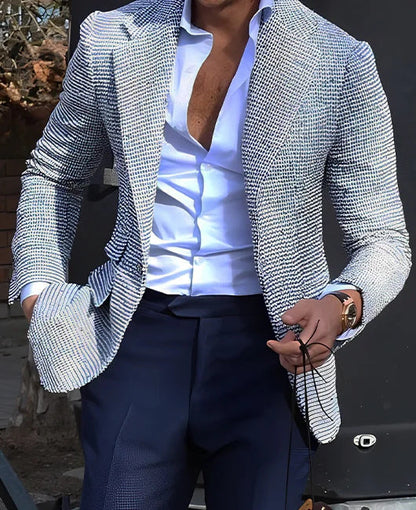 Eleganter Mann im stilvollen, karierten Sakko und weißem Hemd, modisch gekleidet, Business-Look, moderne Herrenmode, urbaner Hintergrund.