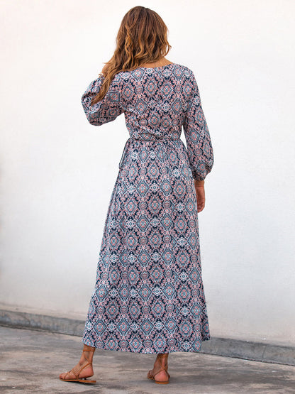 Bedrucktes V-Ausschnitt-Maxikleid mit Laternenärmeln | Perfekt für Frühling & Herbst
