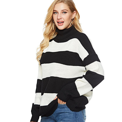 Damen Herbst-Strickpullover mit hohem Kragen, Streifenmuster, Langarm und lockerer Passform