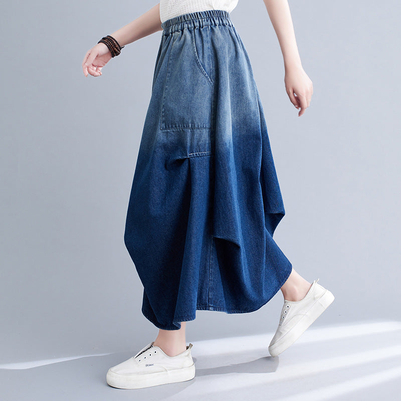 Damen Frühlings Jeansrock mit Farbverlauf und einfarbigem Abschluss