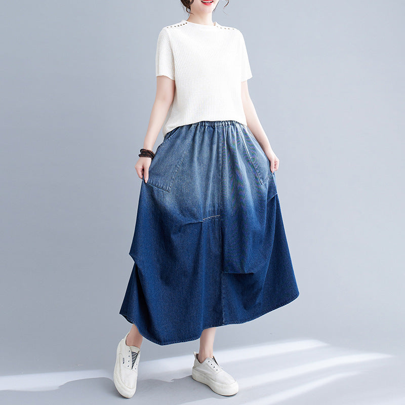 Damen Frühlings Jeansrock mit Farbverlauf und einfarbigem Abschluss