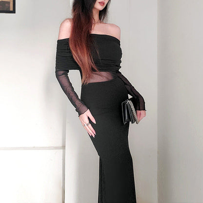 Schulterfreies Plissiertes Langarm-Maxikleid | Ideal für den Winter