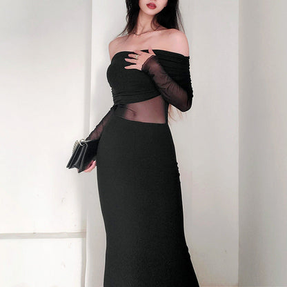 Schulterfreies Plissiertes Langarm-Maxikleid | Ideal für den Winter