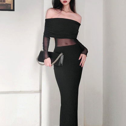 Schulterfreies Plissiertes Langarm-Maxikleid | Ideal für den Winter