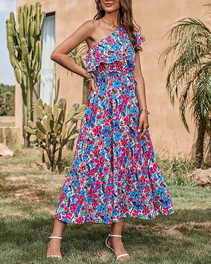 Ärmelloses Boho-Kleid mit asymmetrischer Schulter, hoher Taille und floralem Muster | Ideal für Frühling und Sommer