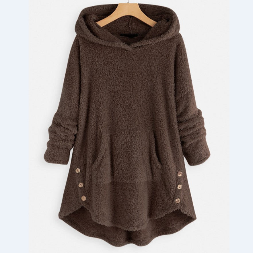 Damen Herbst Kapuzenpullover mit beidseitigem Fleecefutter, mittlerer Länge und lockerer Passform