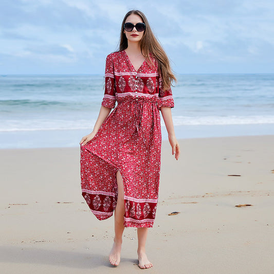 Langärmliges Plus-Size-Kleid mit Blumenmuster und V-Ausschnitt | Ideal für Frühling und Herbst