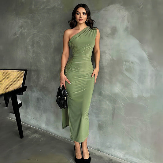 Ein-Schulter Plissiertes Schlitzkleid | Ideal für Frühling und Sommer