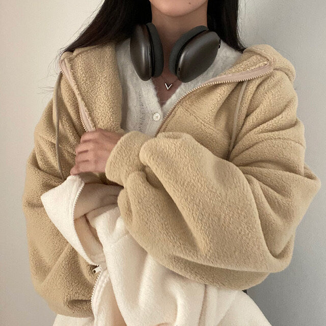 Damen Herbst Kapuzenpullover Lockere Passform Lammstruktur Langarm