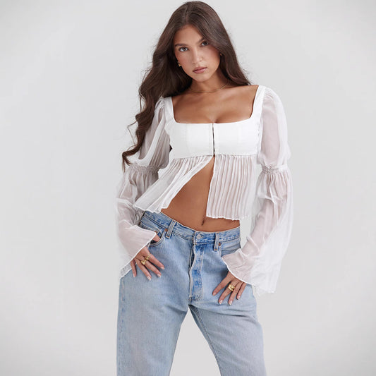 Damen Chiffon Oberteil mit transparenten langen Ärmeln und eckigem Ausschnitt | Perfekt für Frühling und Sommer