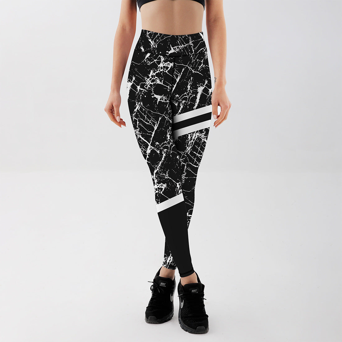 Damen-Leggings mit hoher Taille Stretch-Passform und schwarzem-weißem Marmorprint