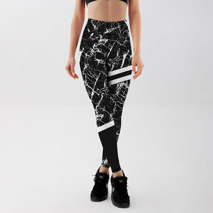 Damen-Leggings mit hoher Taille Stretch-Passform und schwarzem-weißem Marmorprint
