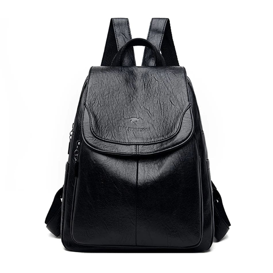 Schwarzer Leder-Rucksack mit Reißverschluss, verstellbaren Trägern und Fronttasche. Stilvoller Damenrucksack für Alltag und Reisen.