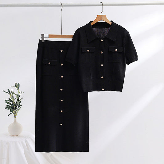 Strick-Polokragen-Kurzarm-Pullover und Midilanger Rock | Ideal für den Frühling