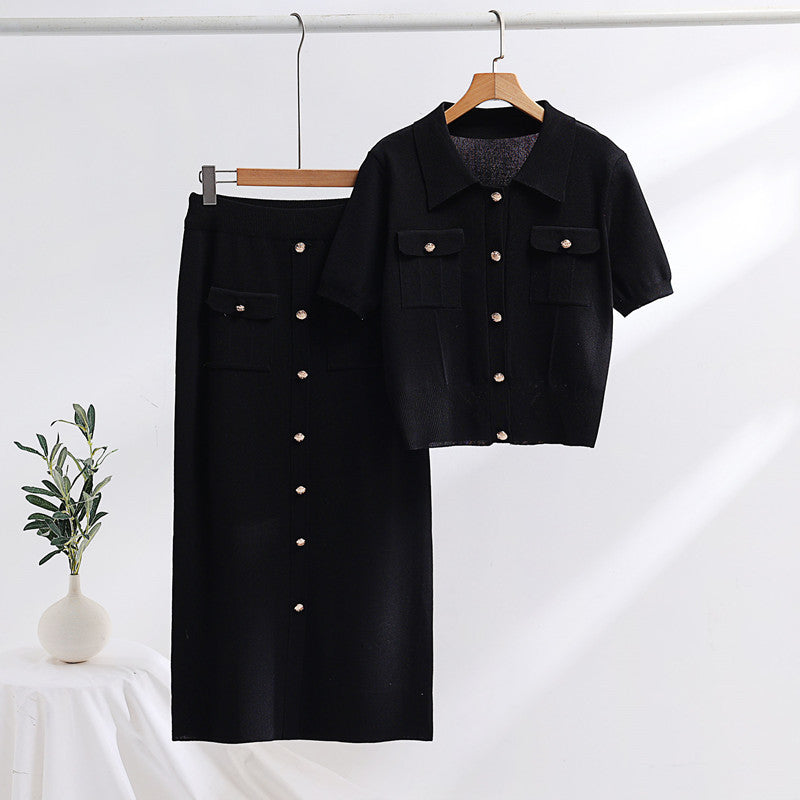 Strick-Polokragen-Kurzarm-Pullover und Midilanger Rock | Ideal für den Frühling