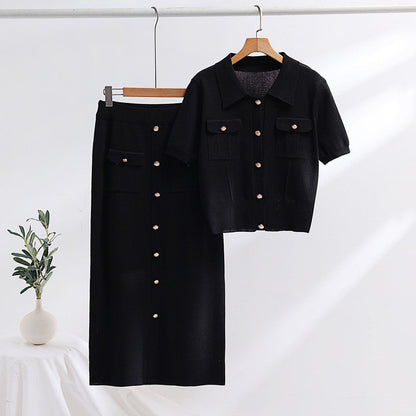 Strick-Polokragen-Kurzarm-Pullover und Midilanger Rock | Ideal für den Frühling