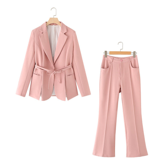 Damen-Blazer-und-Hosen-Set für den Frühling mit Taillengürtel und Hose in voller Länge