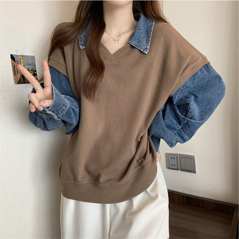 Übergrößen-Sweater mit Denim-Nähten und falschem Zwei-Teile-Look, Ideal für Herbst und Winter