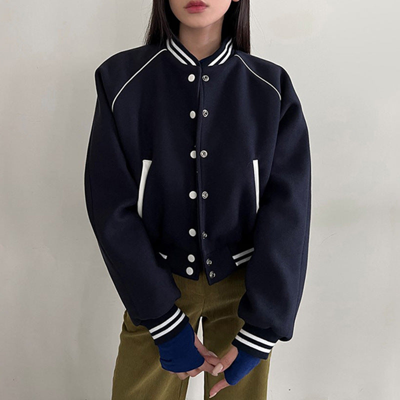 Damen Herbst Baseballjacke mit lockerer Passform, Knopfleiste, Stehkragen und blauem Patchwork