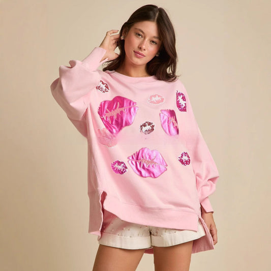 Damen Pullover-Oberteil mit Pailletten-Lippenmotiv, langen Ärmeln und mittlerer Stoffdicke