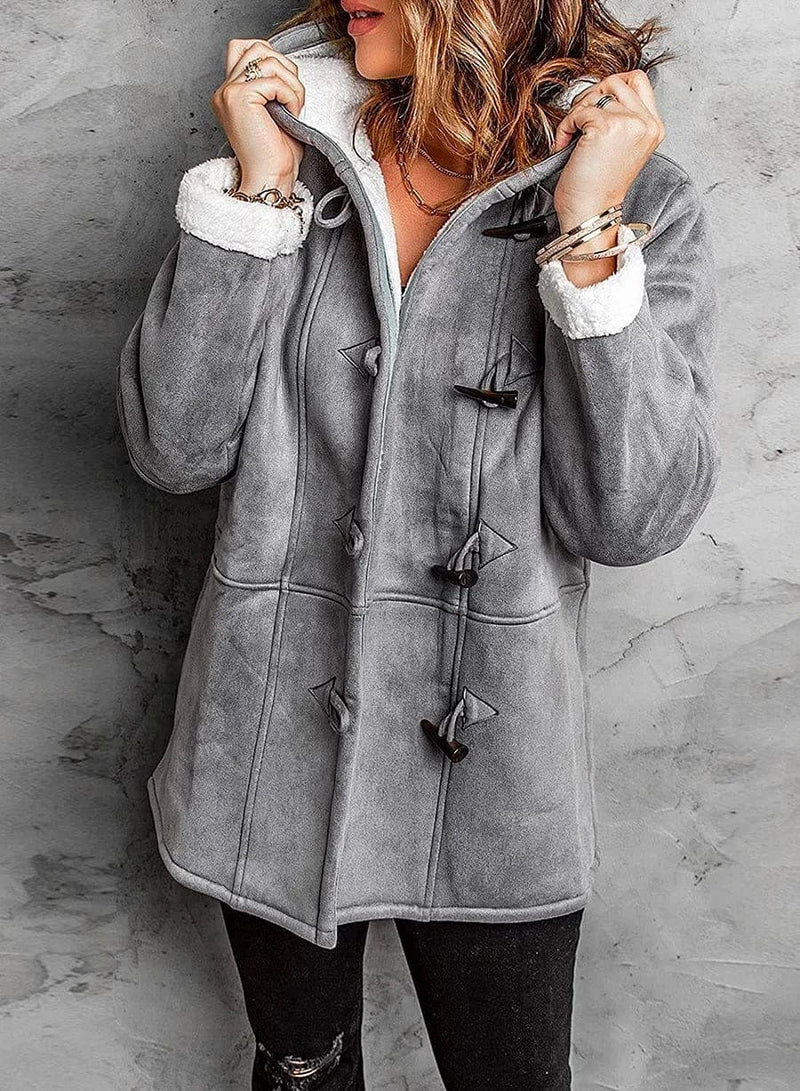 Damen-Wollmixmantel mit Kapuze und Knebelknöpfen – Ideal für den Winter