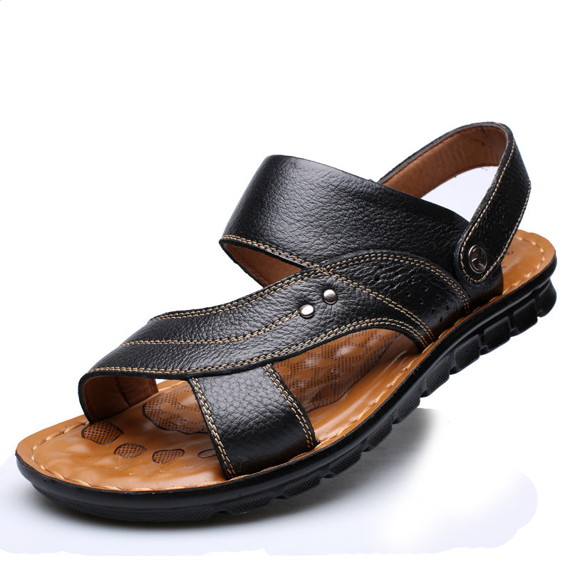 Schwarze Ledersandale für Herren mit Klettverschluss, rutschfester Sohle und bequemer Innensohle. Ideal für Sommer und Freizeit.