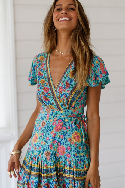 Bedrucktes V-Ausschnitt-Kleid mit kurzen Ärmeln und asymmetrischem Saum | Perfekt für den Sommer