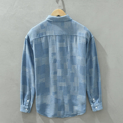 Jacquard Colorblock Denim-Langarmhemd – Ideal für Frühling und Herbst