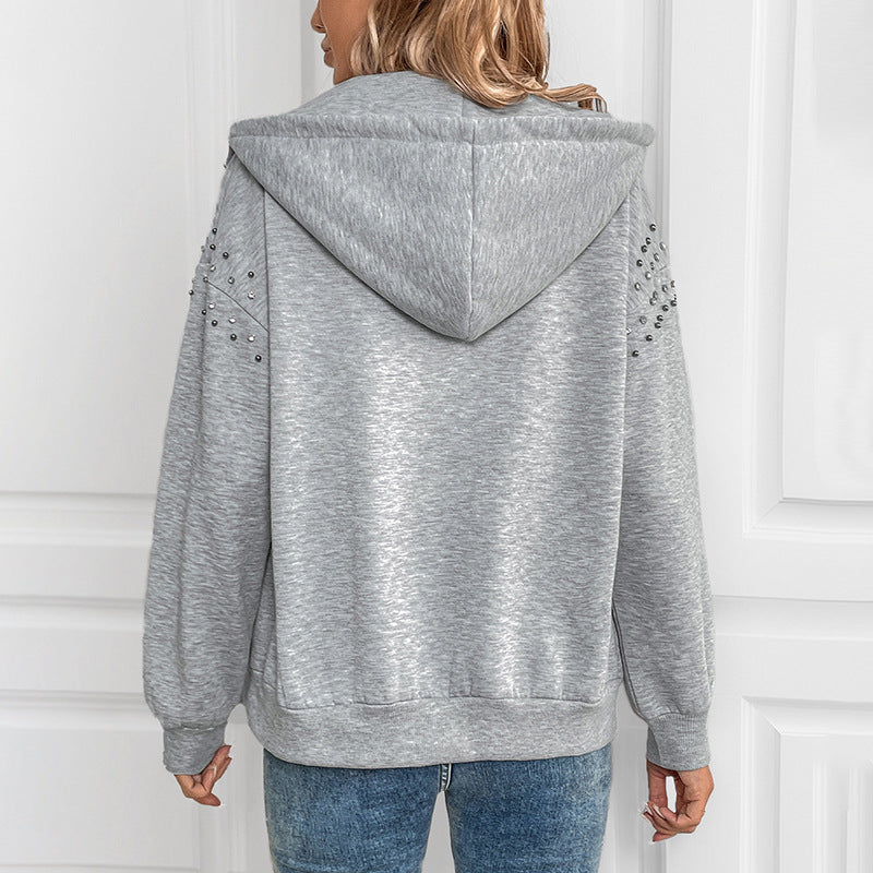 Damen Herbst Kapuzen-Strickpullover mit Perlendetails, Langarm und lockerer Passform in Hellgrau