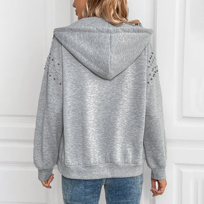Damen Herbst Kapuzen-Strickpullover mit Perlendetails, Langarm und lockerer Passform in Hellgrau